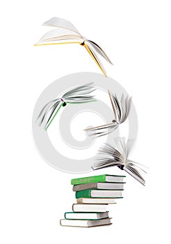 Stack of books and flying books