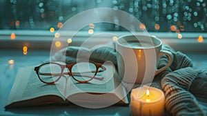 a stack of books, glasses, a cup on the table. education, hobbies.