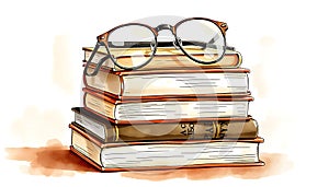 Stack of books with glasses, reading, knowledge, education, learning, study, Stock Photo, Generative AI