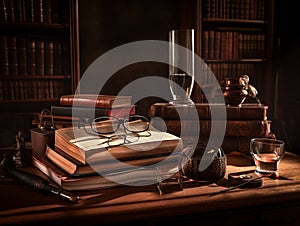 A stack of books and glasses on a table. AI generative image