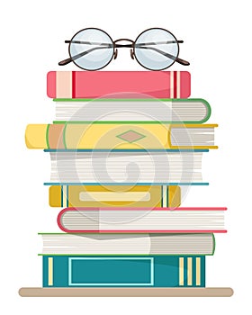 Stack of books with glasses on the top on a white background. flat design style