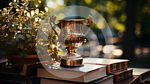 Stack of books with golden cup trophy and medal. Generative AI.