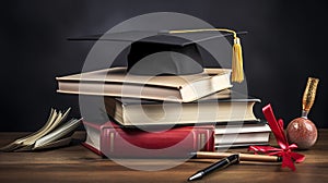 Stack of books, graduate cap, diploma and fether pen on the school desk isolated on white background. Generative Ai