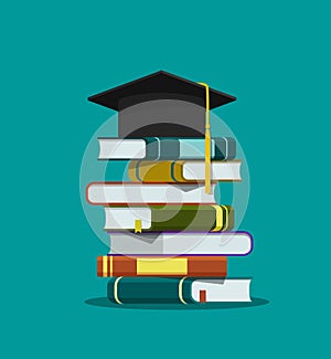 Stack of books, graduation cap. Education concept. Graduation hat on pile of book on isolated background. Success learning of