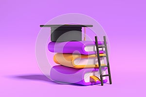 Stack of books, graduation cap and ladder on violet background