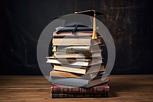 a stack of books with a graduation cap on the topmost one