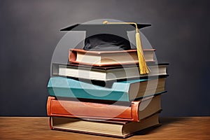 a stack of books with a graduation cap on the topmost one