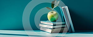 Stack of books with green apple on blue background, symbolic of education and knowledge concept