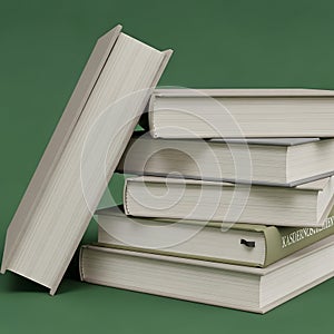 Stack of Books on Green Background