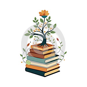 Stack of Books with Growing Tree, Representing Knowledge, Education and Development Concept