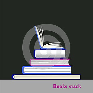 Stack of books in hardback with colorful covers and open book in top. Vector reading, education, teaching, learning