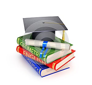 Stack of books having a diploma and a graduate cap.The concept of a step towards science and education.