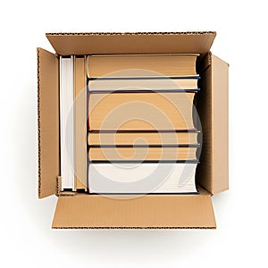 Stack of books inside an open cardboard box, top view