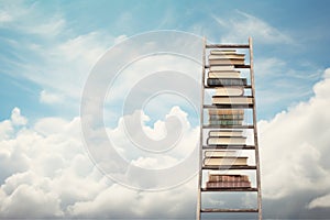 Stack of books on a ladder against blue sky with white clouds background, book stack with ladder on sky with clouds backgrou photo