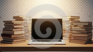 Stack of books and laptop isolated on white background