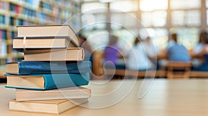 Stack of books in a library with students studying in background