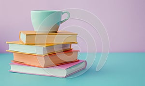 Stack of books on a light blue table with a pastel lavender background