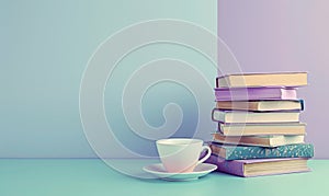 Stack of books on a light blue table with a pastel lavender background
