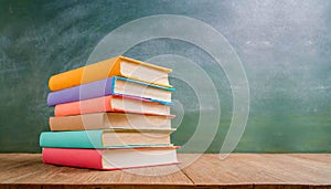 A stack of books lying on the teacher\'s desk and a blurred blackboard in the background. Mockup