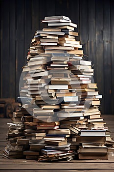A stack of books, magazines and newspapers sitting on top of a wooden table