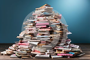 A stack of books, magazines and newspapers sitting on top of a wooden table