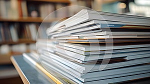 Stack of books and magazines on table