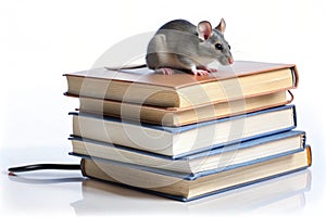 Stack of books with mouse for e-learning concept