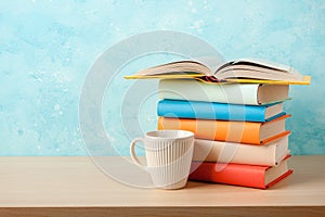 Stack of books and mug on wooden table