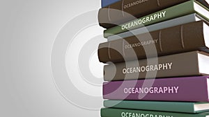 Stack of books on OCEANOGRAPHY, loopable 3D animation