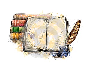 Stack of books, open book and quill pen