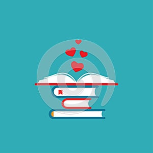 Stack of books with open book and red hearts. Isolated on blue background