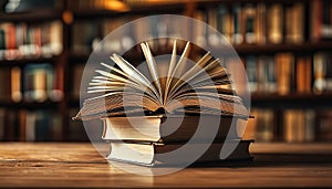 Stack of books and an open book on top of them.. Bookshelf blurred in the background. photo