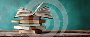 The stack of books with an open one on top against a teal background..AI generated image