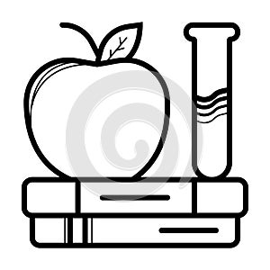 Stack of books outline silhouette and apple. Isolated on white background. Flat minimalism icon. Vector illustration. Knowledge