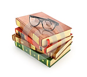 Stack of books with a pair of eyeglasses on top.