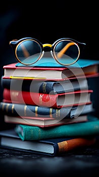 A stack of books with a pair of glasses on top
