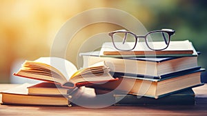 A stack of books with a pair of reading glasses