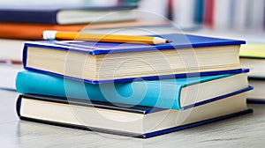 Stack of books with pencil on wooden table. Back to school.