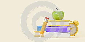 Stack of books with pencile, clock and apple on empty background
