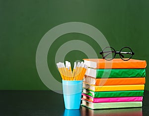 Stack of books and pencils near empty green chalkboard