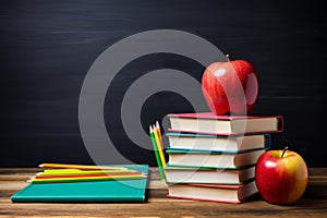 stack of books and pencils on school table against blackboard with an apple on top. Back to school concept, learning