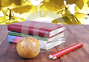 Stack of books, pencils and yellow apple. Series back to school.