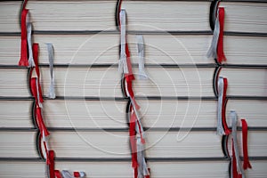 Stack of books with picking belts