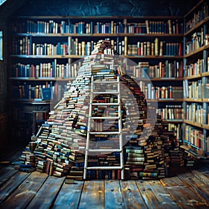 A stack of books is piled on top of a ladder in a library