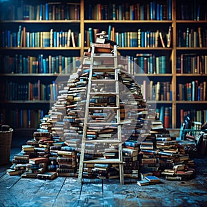 A stack of books is piled on top of a ladder in a library