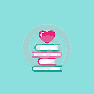 Stack of books with pink heart. Isolated on blue background. bibliophile flat icon. Vector photo