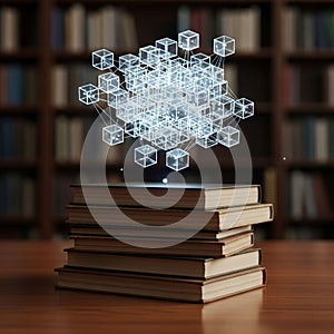 A stack of books is positioned on a wooden table within a library setting