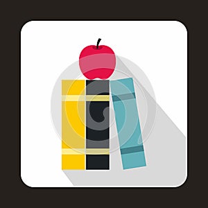 Stack of books and red apple icon, flat style