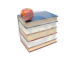 Stack of books and red apple isolated on white background