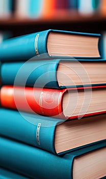 Stack of Books with Red Book in the Middle on Library Background